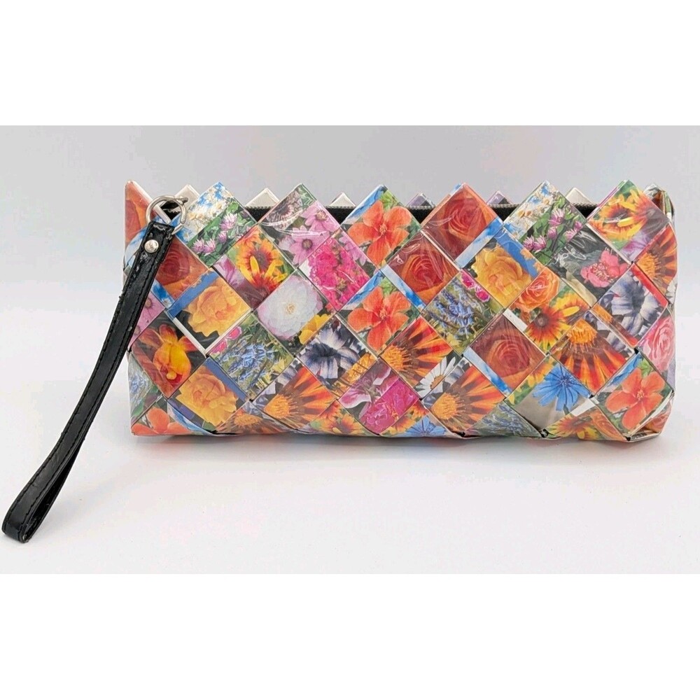 Nahui Ollin Candy Wrapper Clutch/Wristlet Blue Unique Upcycled 10"X4" EUC